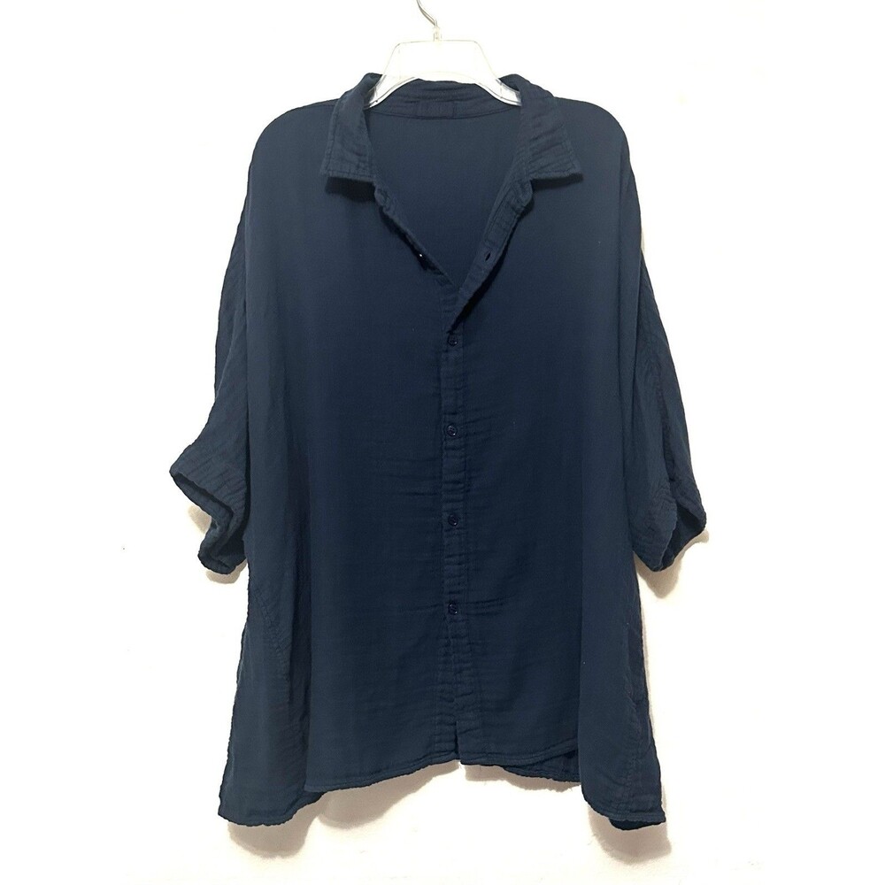 CP Shades 100% Cotton Navy Blue Button Up Short Sleeve Shirt Top Blouse L